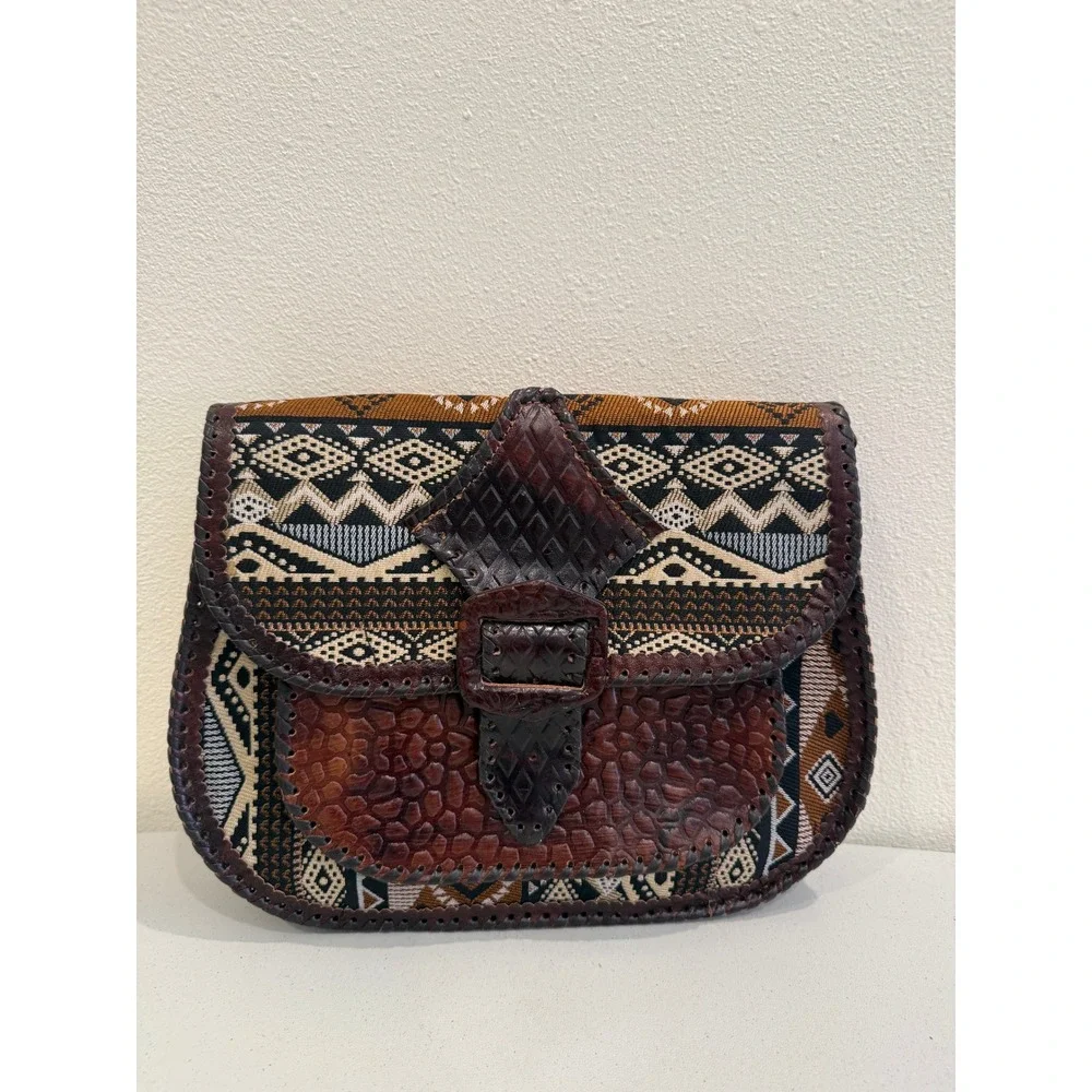 Artisan Tooled Leather Woven Tapestry Crossbody Bag Boho Geometric Saddle Bag
